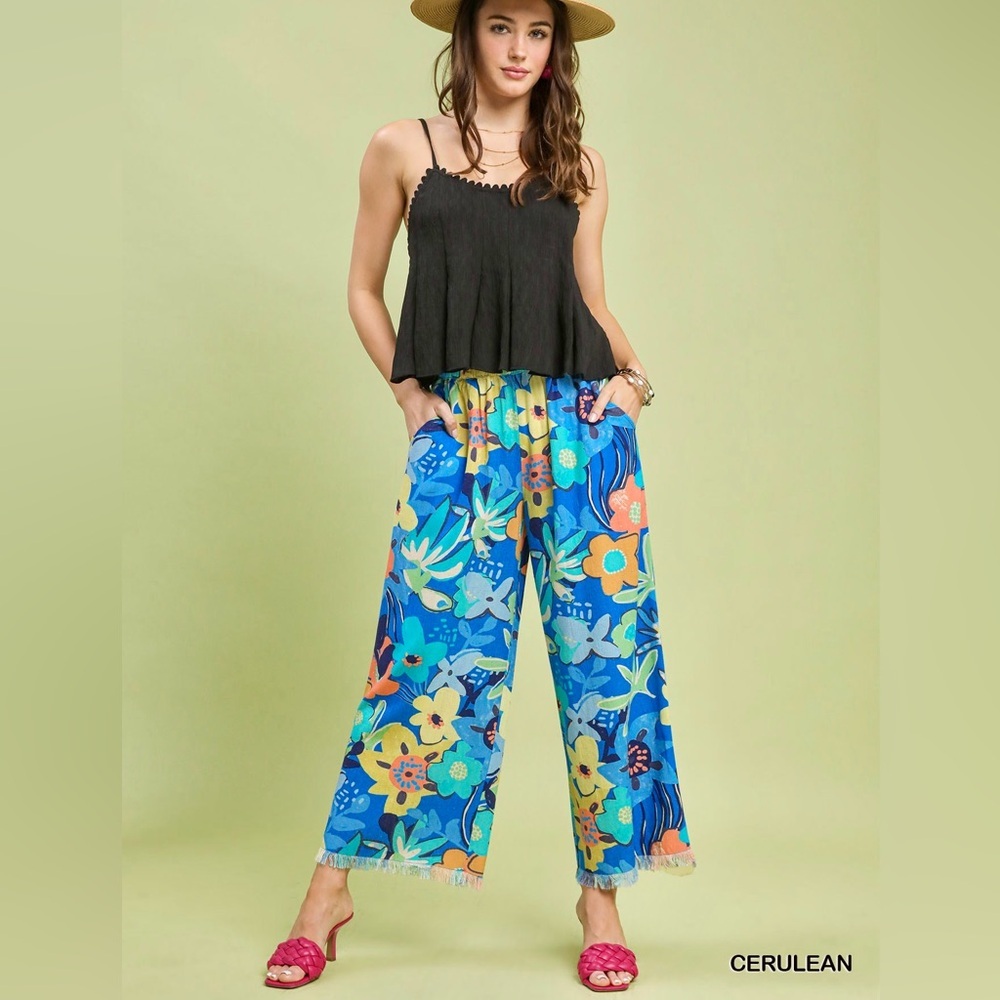 👀 ♥️ Umgee Floral Print Boho Wide Leg Linen Blend Pants - Cerulean